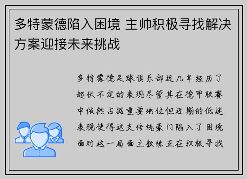 多特蒙德陷入困境 主帅积极寻找解决方案迎接未来挑战
