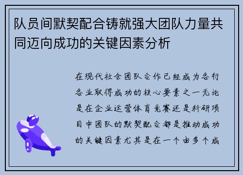 队员间默契配合铸就强大团队力量共同迈向成功的关键因素分析