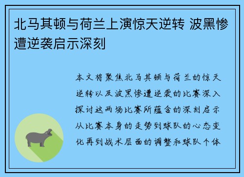 北马其顿与荷兰上演惊天逆转 波黑惨遭逆袭启示深刻