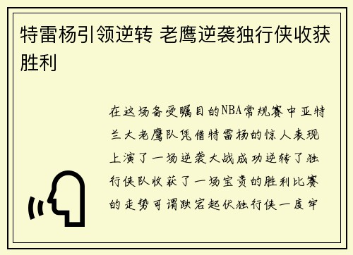 特雷杨引领逆转 老鹰逆袭独行侠收获胜利