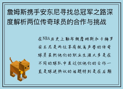 詹姆斯携手安东尼寻找总冠军之路深度解析两位传奇球员的合作与挑战