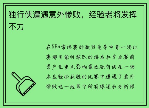 独行侠遭遇意外惨败，经验老将发挥不力