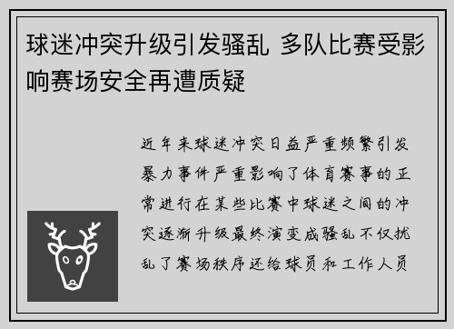 球迷冲突升级引发骚乱 多队比赛受影响赛场安全再遭质疑