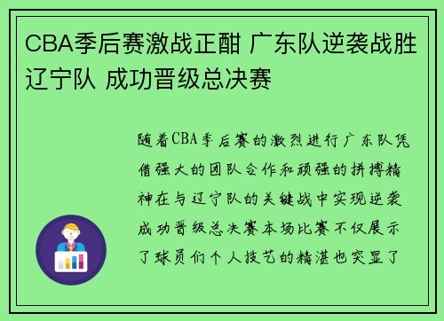 CBA季后赛激战正酣 广东队逆袭战胜辽宁队 成功晋级总决赛